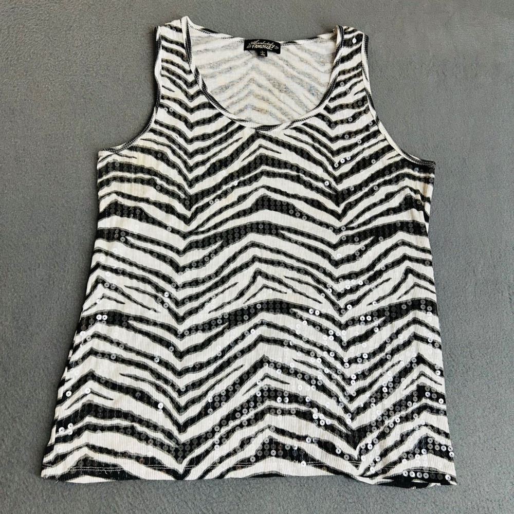 Absolutely Famous Tank Top Womens L Black Zebra Sequin Ribbed Knit Sleeveless